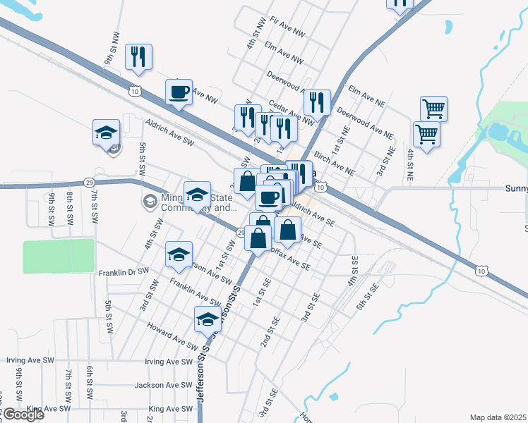 map of restaurants, bars, coffee shops, grocery stores, and more near 10 Bryant Avenue Southeast in Wadena
