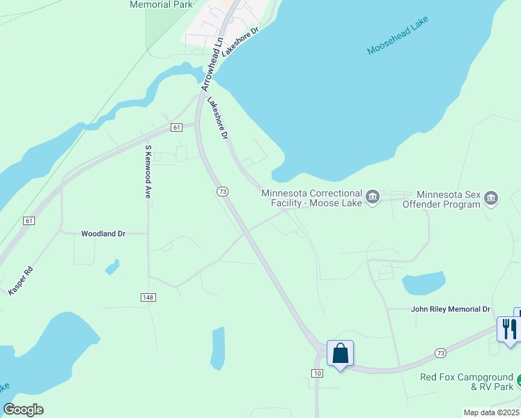 map of restaurants, bars, coffee shops, grocery stores, and more near 289 Industrial Park Road in Moose Lake
