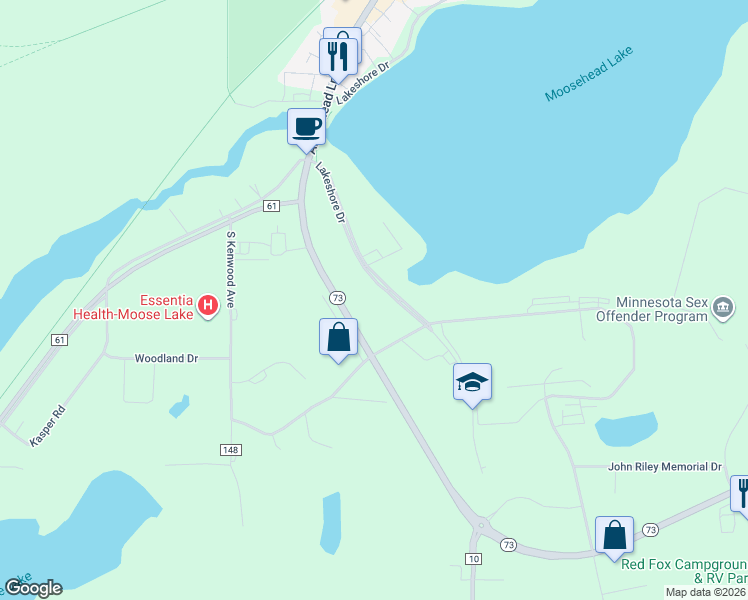 map of restaurants, bars, coffee shops, grocery stores, and more near 800 Lakeshore Drive in Moose Lake