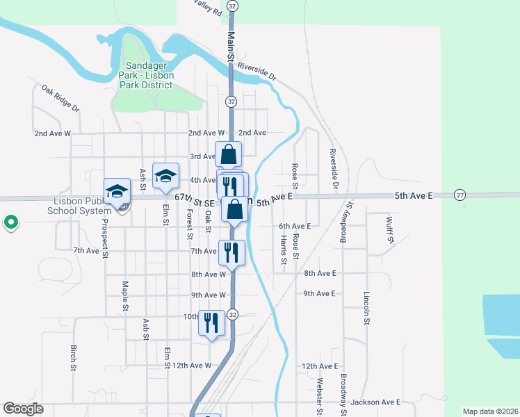map of restaurants, bars, coffee shops, grocery stores, and more near 20 67th Street Southeast in Lisbon