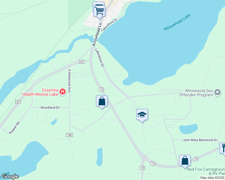 map of restaurants, bars, coffee shops, grocery stores, and more near 800 Lakeshore Drive in Moose Lake