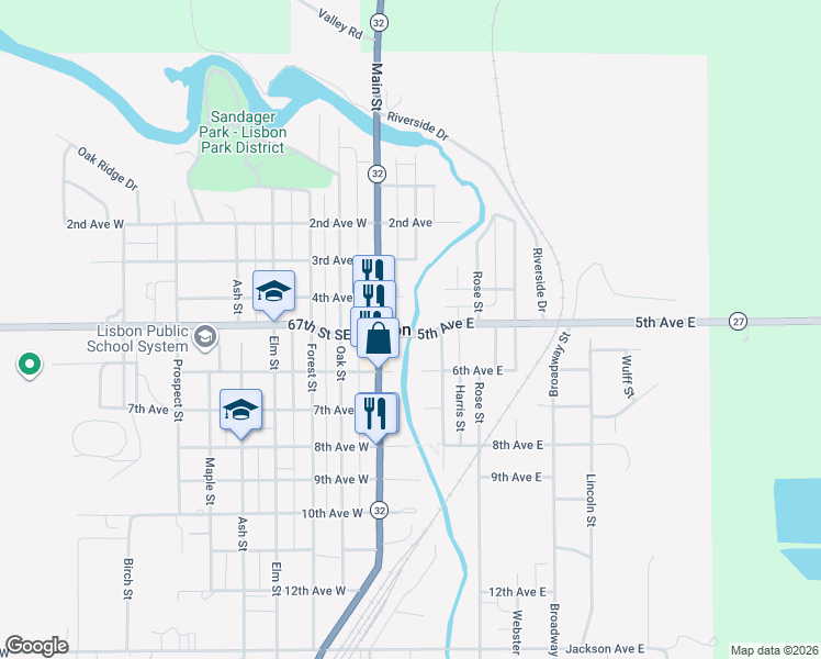 map of restaurants, bars, coffee shops, grocery stores, and more near 20-108 67th Street Southeast in Lisbon