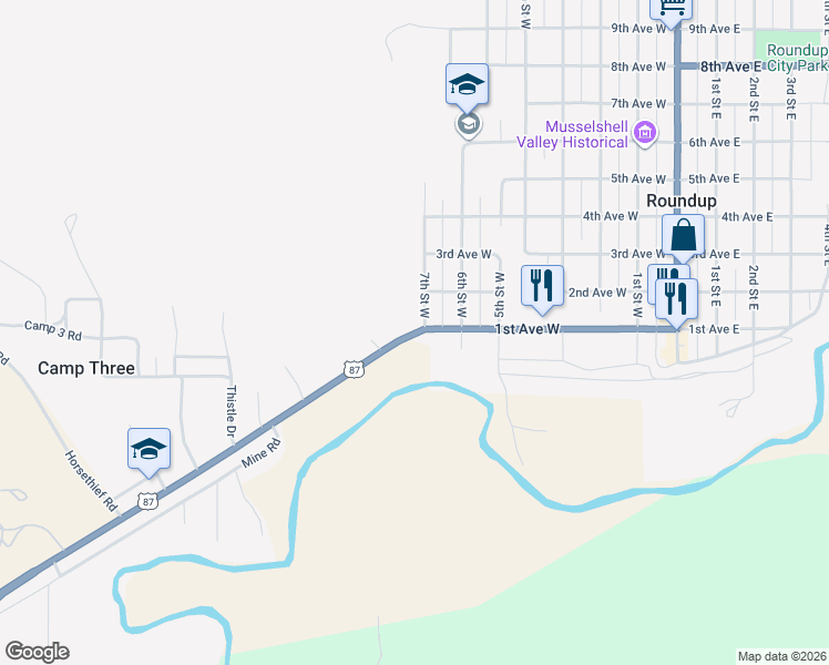 map of restaurants, bars, coffee shops, grocery stores, and more near U.S. 87 in Roundup