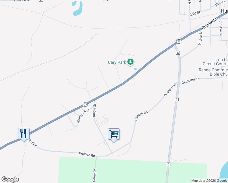 map of restaurants, bars, coffee shops, grocery stores, and more near 213 Cary Road in Hurley