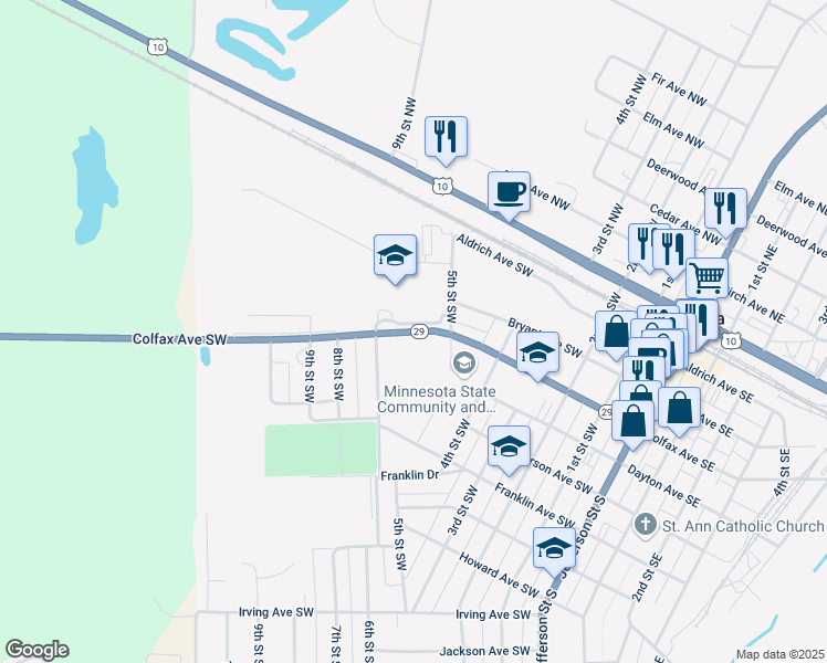 map of restaurants, bars, coffee shops, grocery stores, and more near 600 Colfax Avenue Southwest in Wadena
