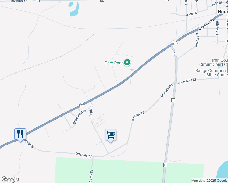 map of restaurants, bars, coffee shops, grocery stores, and more near 213 Cary Road in Hurley