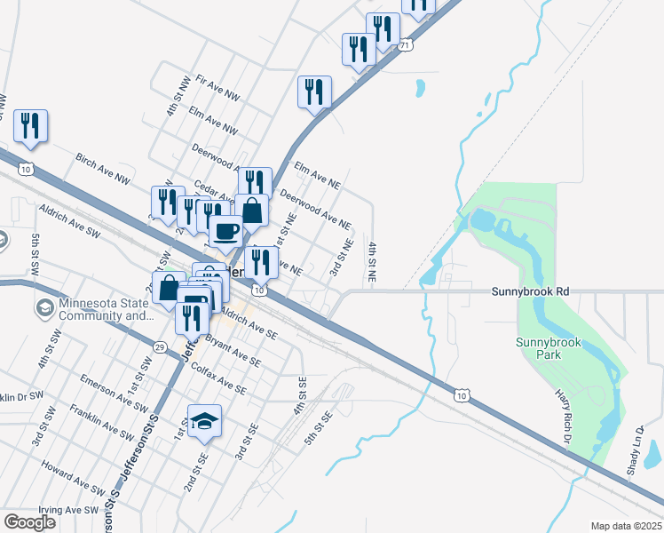 map of restaurants, bars, coffee shops, grocery stores, and more near 220 2nd Street Northwest in Wadena