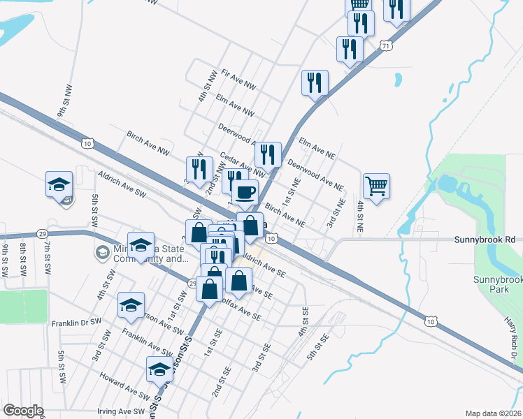 map of restaurants, bars, coffee shops, grocery stores, and more near 14 Birch Avenue Northeast in Wadena
