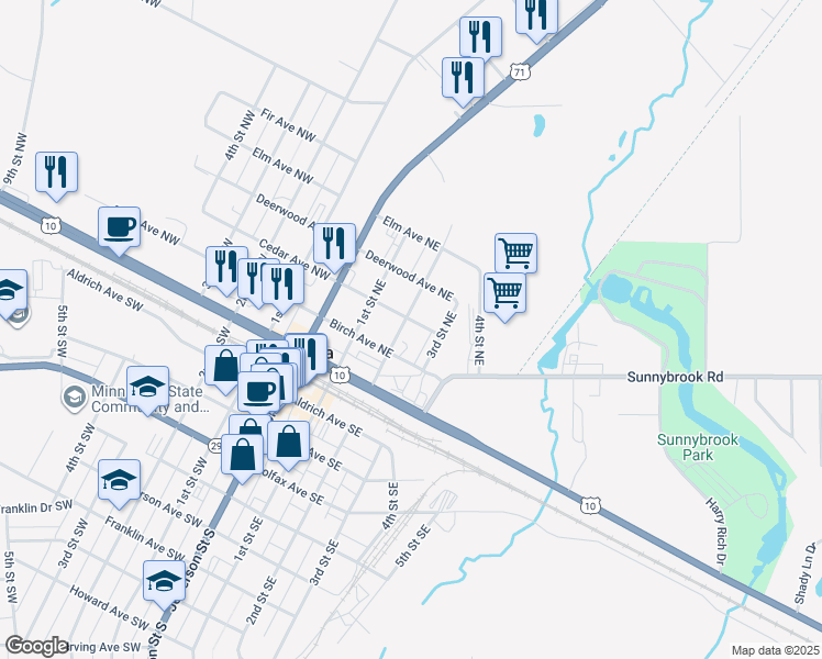 map of restaurants, bars, coffee shops, grocery stores, and more near 220 2nd Street Northwest in Wadena