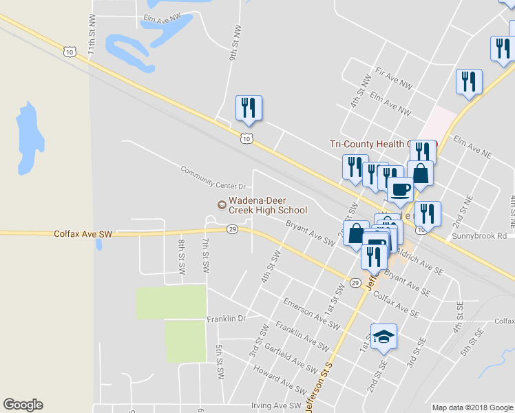 map of restaurants, bars, coffee shops, grocery stores, and more near 438 Bryant Avenue Southwest in Wadena