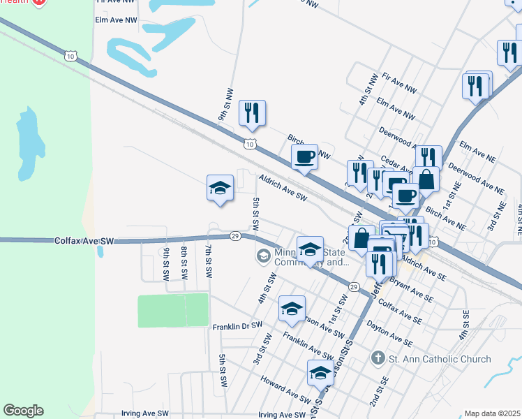 map of restaurants, bars, coffee shops, grocery stores, and more near 438 Bryant Avenue Southwest in Wadena
