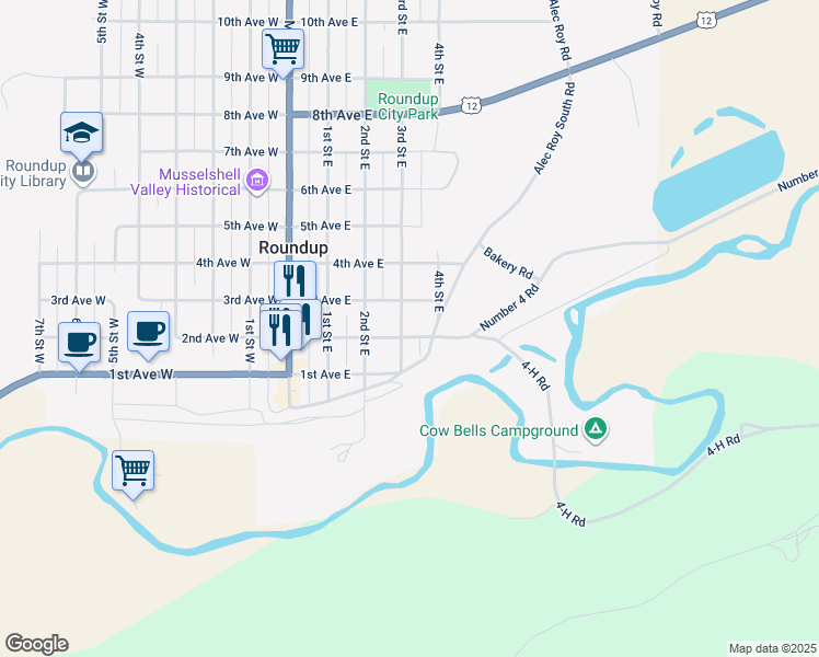 map of restaurants, bars, coffee shops, grocery stores, and more near 204 3rd Street East in Roundup