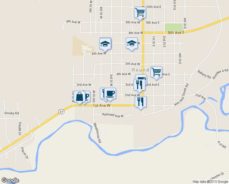 map of restaurants, bars, coffee shops, grocery stores, and more near 224 2nd Avenue West in Roundup