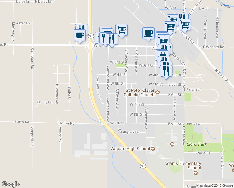 map of restaurants, bars, coffee shops, grocery stores, and more near 601 West 6th Street in Wapato