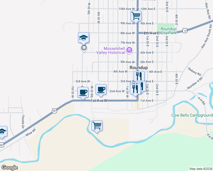 map of restaurants, bars, coffee shops, grocery stores, and more near 224 2nd Ave W in Roundup
