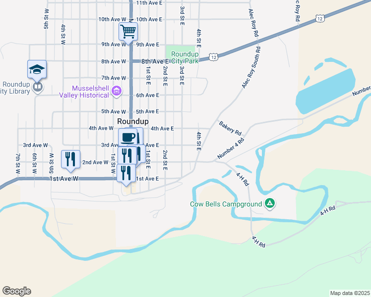 map of restaurants, bars, coffee shops, grocery stores, and more near 204 3rd Street East in Roundup