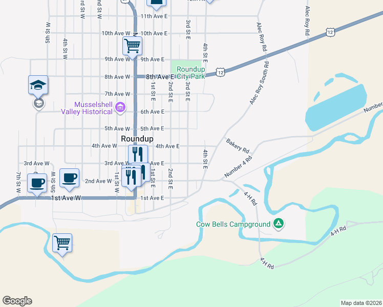 map of restaurants, bars, coffee shops, grocery stores, and more near 316 3rd Street East in Roundup