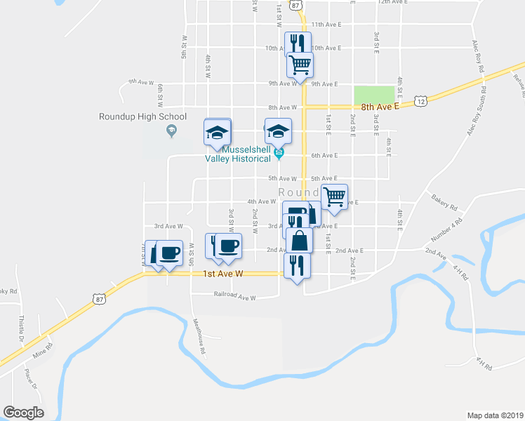 map of restaurants, bars, coffee shops, grocery stores, and more near 316 2nd Street West in Roundup