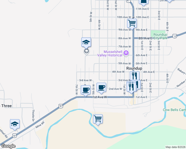 map of restaurants, bars, coffee shops, grocery stores, and more near 313 5th St W in Roundup