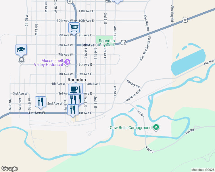 map of restaurants, bars, coffee shops, grocery stores, and more near 316 3rd Street East in Roundup