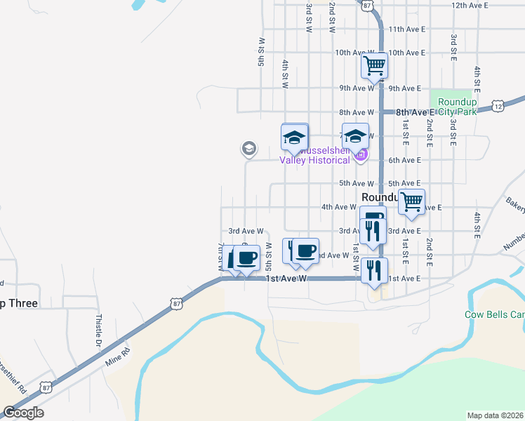 map of restaurants, bars, coffee shops, grocery stores, and more near 313 5th St W in Roundup