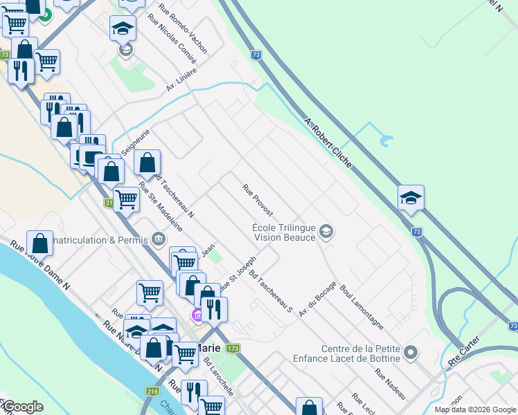 map of restaurants, bars, coffee shops, grocery stores, and more near 327 Rue Provost in Sainte-Marie