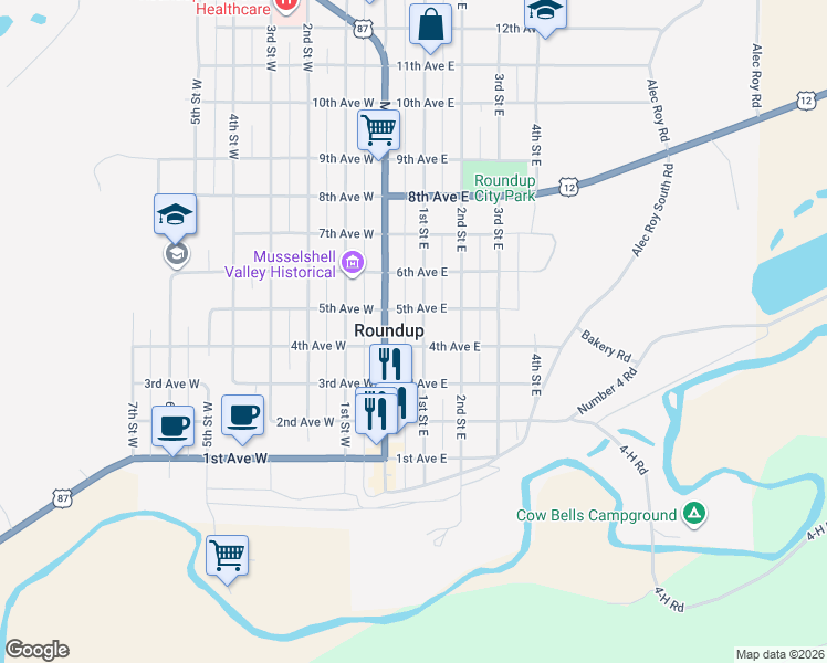 map of restaurants, bars, coffee shops, grocery stores, and more near in Roundup