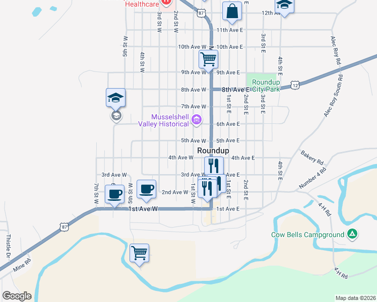 map of restaurants, bars, coffee shops, grocery stores, and more near 316 2nd St W in Roundup