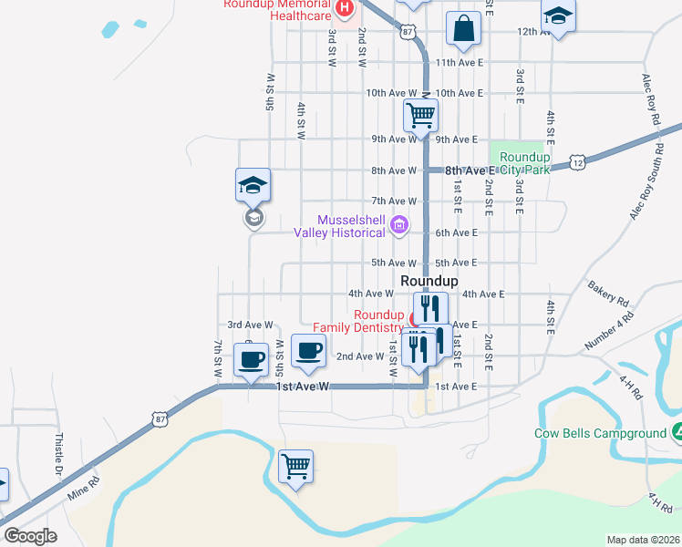 map of restaurants, bars, coffee shops, grocery stores, and more near 504 3rd Street West in Roundup