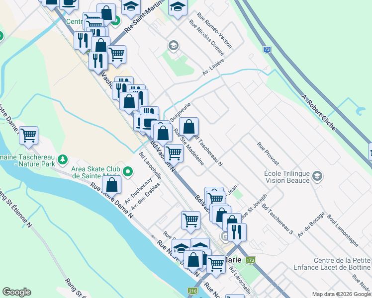 map of restaurants, bars, coffee shops, grocery stores, and more near 459 Rue Ste Madeleine in Sainte-Marie