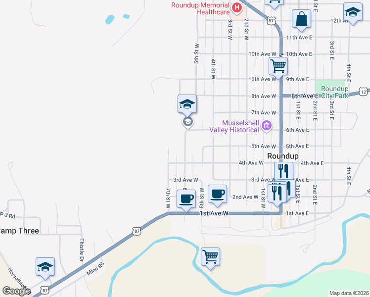 map of restaurants, bars, coffee shops, grocery stores, and more near 509 6th St W in Roundup