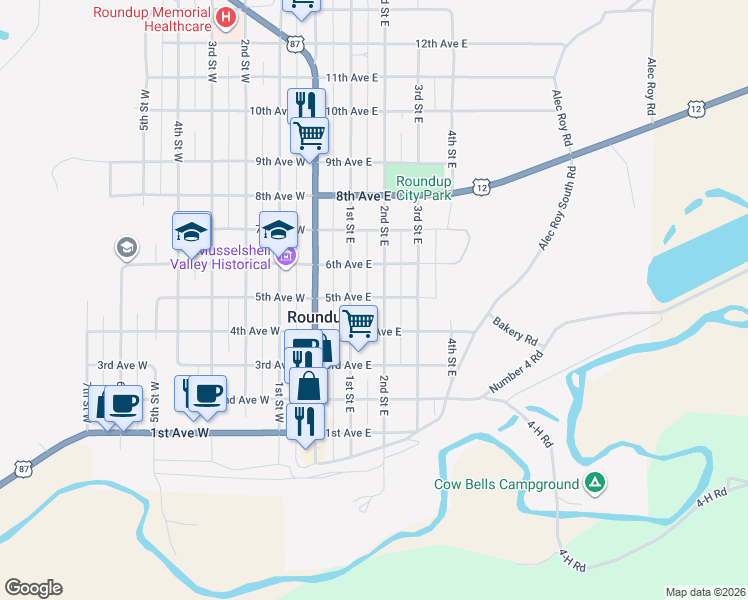 map of restaurants, bars, coffee shops, grocery stores, and more near 504 1st St E in Roundup