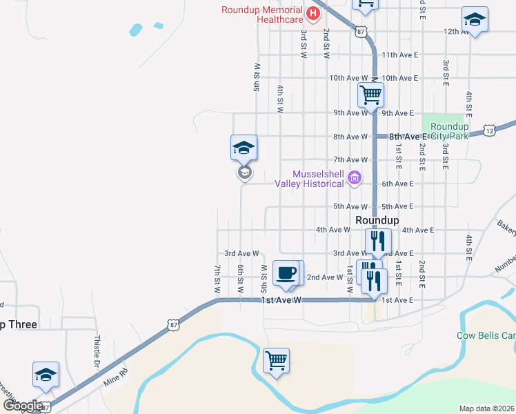 map of restaurants, bars, coffee shops, grocery stores, and more near 423 5th Street West in Roundup