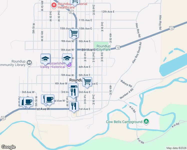 map of restaurants, bars, coffee shops, grocery stores, and more near 5th Avenue East in Roundup