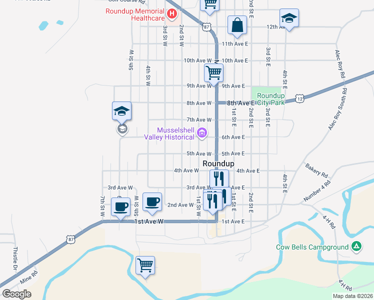 map of restaurants, bars, coffee shops, grocery stores, and more near 502 2nd Street West in Roundup