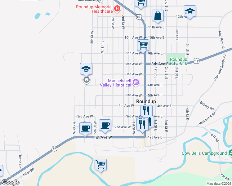 map of restaurants, bars, coffee shops, grocery stores, and more near 504 3rd Street West in Roundup