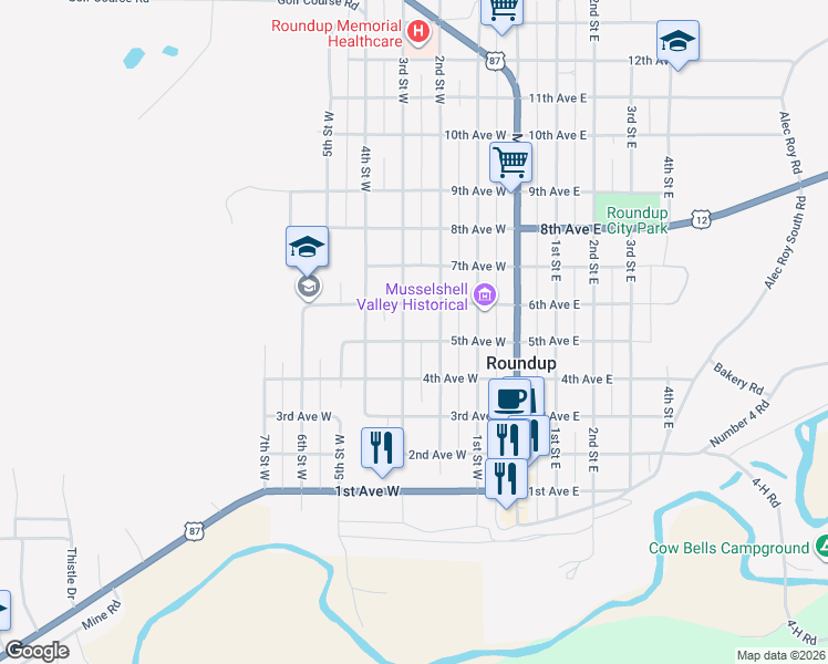 map of restaurants, bars, coffee shops, grocery stores, and more near 504 3rd Street West in Roundup