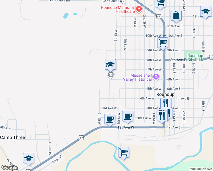 map of restaurants, bars, coffee shops, grocery stores, and more near 509 6th Street West in Roundup