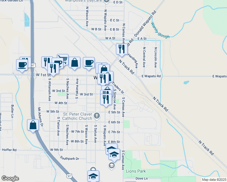 map of restaurants, bars, coffee shops, grocery stores, and more near 201-209 E 3rd St in Wapato