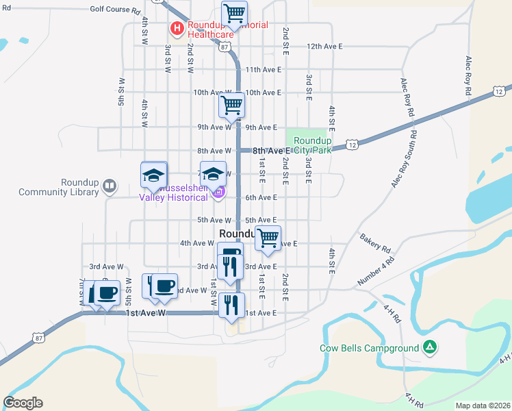 map of restaurants, bars, coffee shops, grocery stores, and more near 5th Avenue East in Roundup