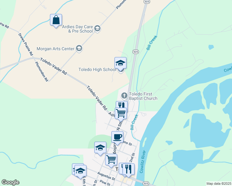 map of restaurants, bars, coffee shops, grocery stores, and more near 1268 Highway 505 in Toledo