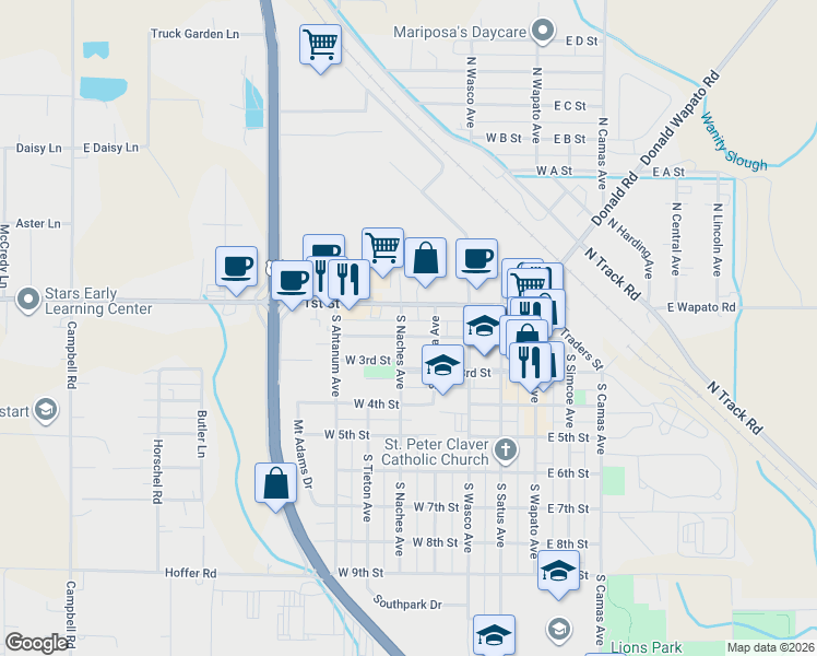 map of restaurants, bars, coffee shops, grocery stores, and more near 419 West 1st Street in Wapato