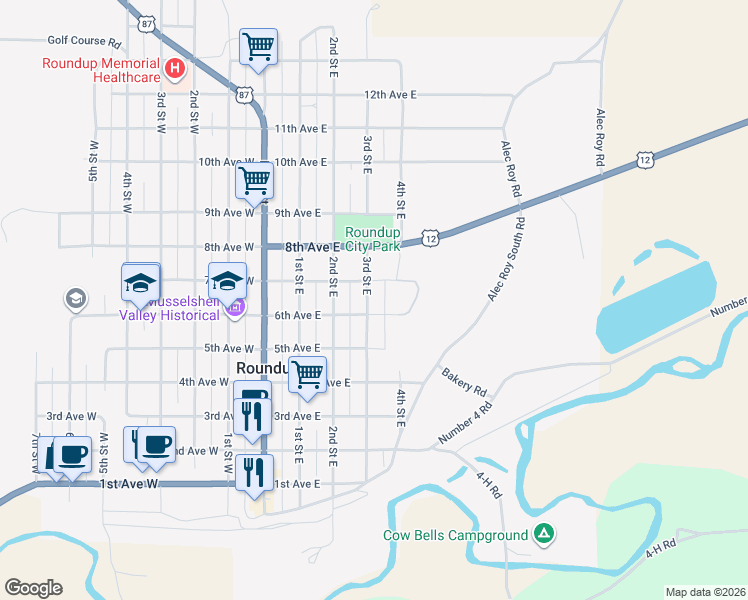 map of restaurants, bars, coffee shops, grocery stores, and more near 610 3rd Street East in Roundup