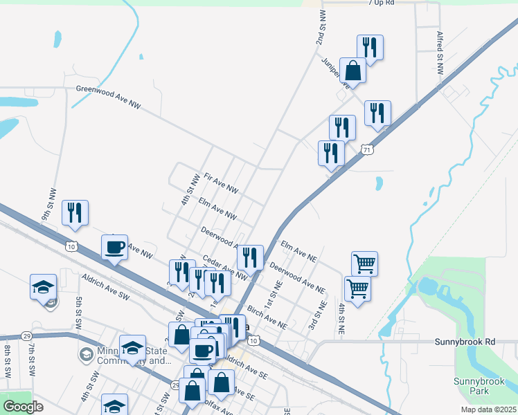 map of restaurants, bars, coffee shops, grocery stores, and more near 517 1st Street Northwest in Wadena