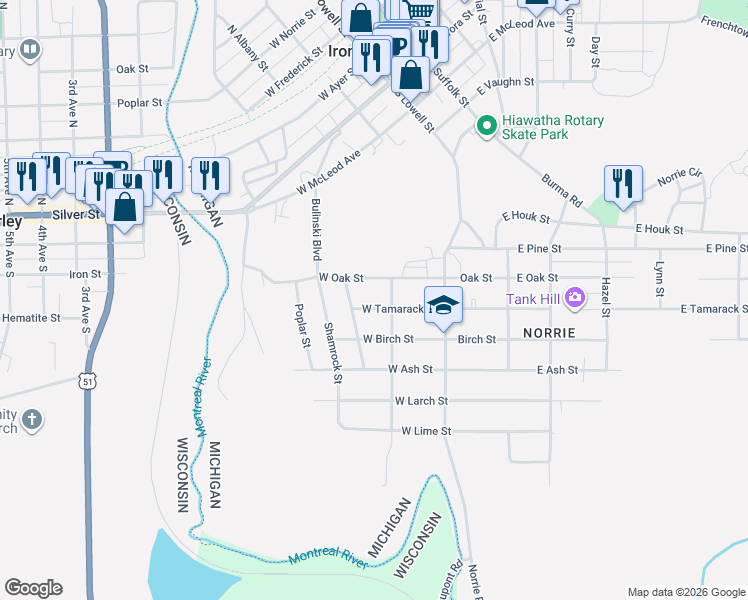 map of restaurants, bars, coffee shops, grocery stores, and more near 100-106 Taylor St in Ironwood