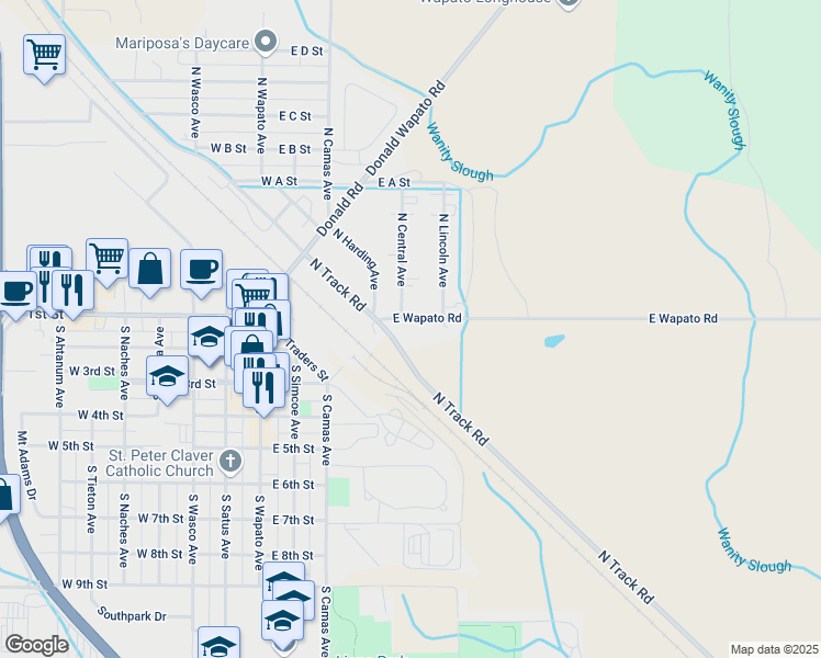 map of restaurants, bars, coffee shops, grocery stores, and more near 421 North Central Avenue in Wapato