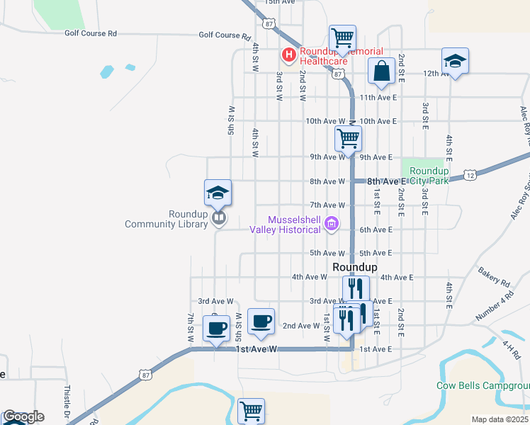 map of restaurants, bars, coffee shops, grocery stores, and more near 620 4th Street West in Roundup
