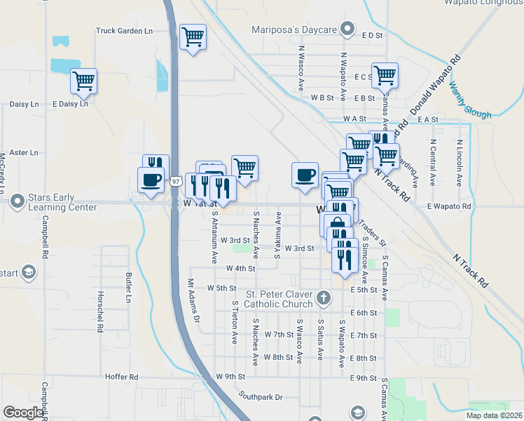 map of restaurants, bars, coffee shops, grocery stores, and more near 419 W 1st St in Wapato