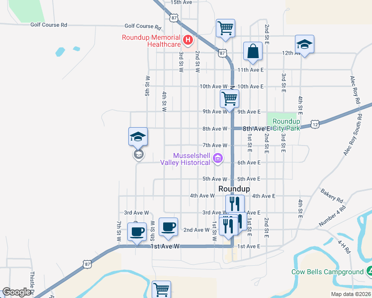 map of restaurants, bars, coffee shops, grocery stores, and more near 620 3rd Street West in Roundup