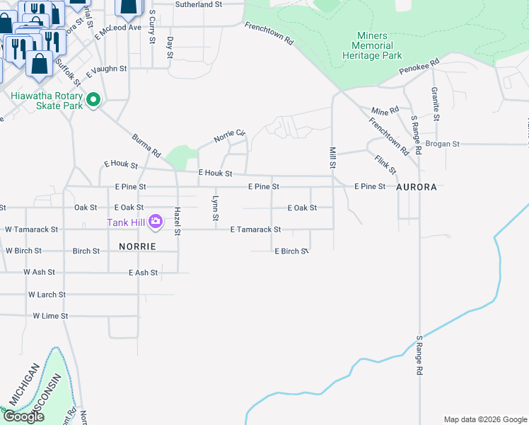 map of restaurants, bars, coffee shops, grocery stores, and more near Deane St in Ironwood